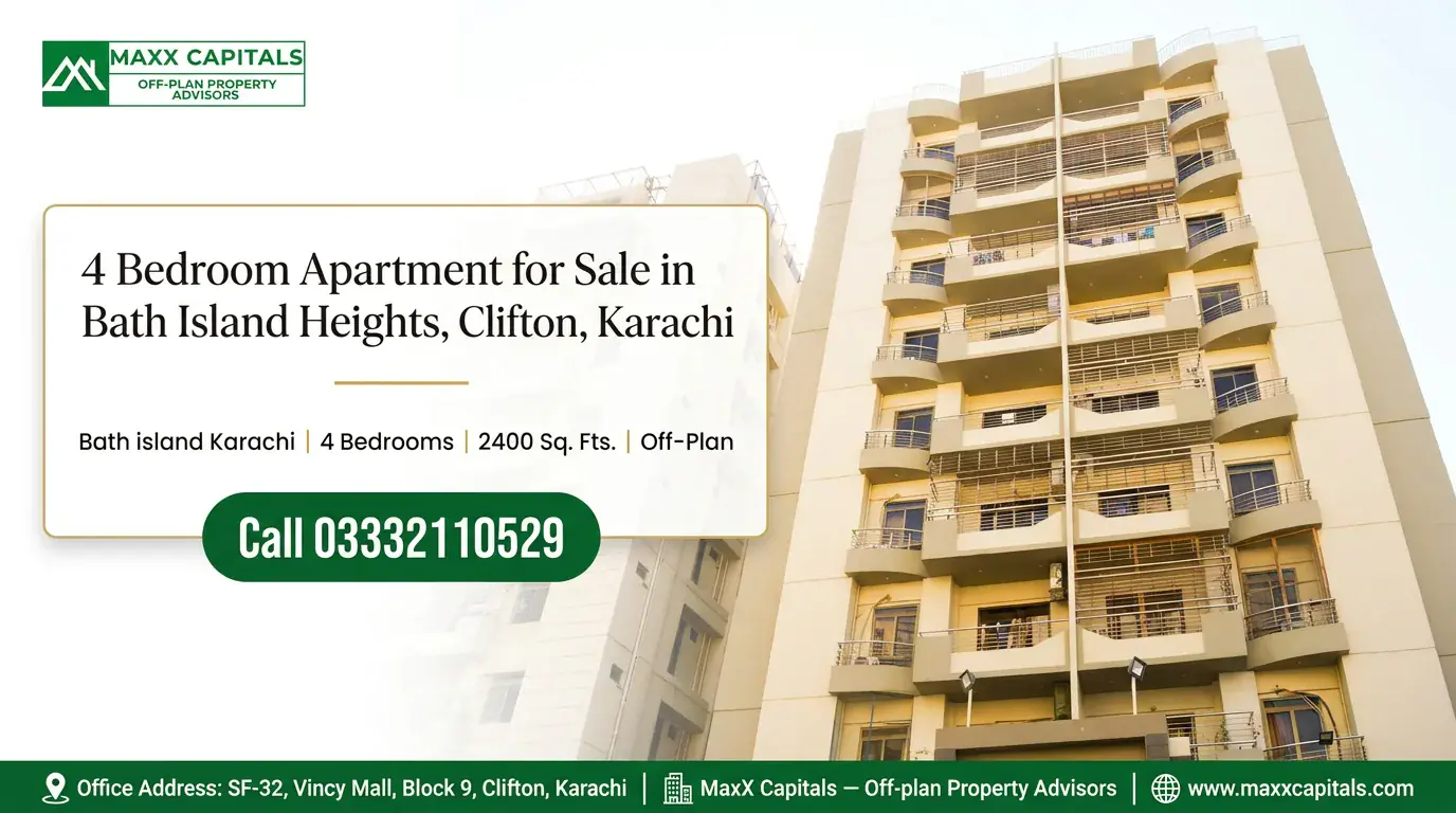 4 Bedroom Apartment for Sale in Bath Island Heights, Clifton, Karachi — Feature Exterior facade of Bath Island Heights residential tower offering a 4 bedroom apartment for sale in Clifton.