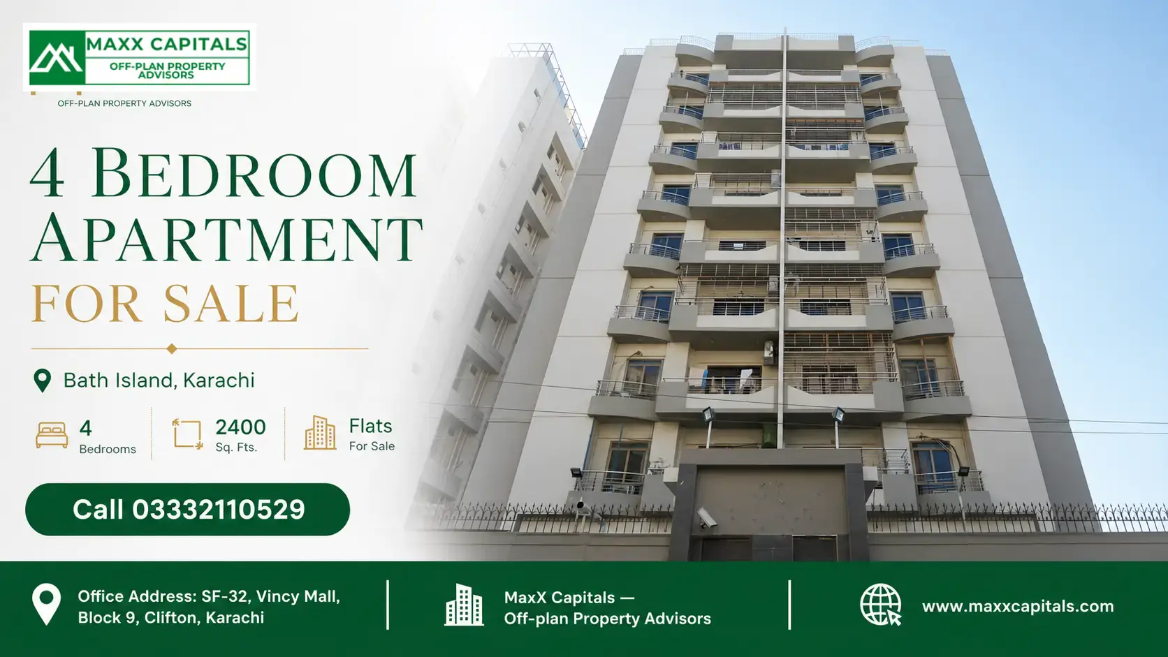4 Bedroom Apartment for Sale in Bath Island Heights, Clifton, Karachi Modern multi-story facade of Bath Island Heights featuring a 4 bedroom apartment for sale with private balconies.