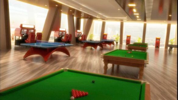 Luxury indoor gaming lounge with snooker and table tennis at ONE VICTORIA Karachi.