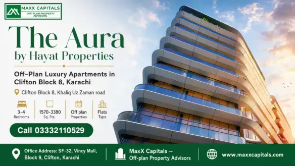 Modern Curved Facade And Glass Balconies Of The Aura Karachi Luxury Off-Plan Residential Tower In Clifton.