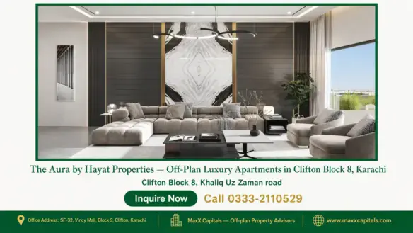 Modern luxury master bedroom with illuminated glass wardrobe and marble paneling at The Aura Karachi.