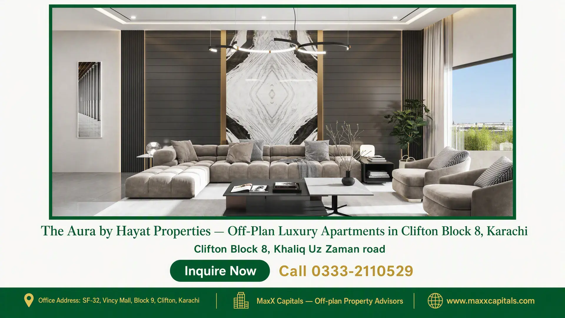 The Aura by Hayat Properties — Off-Plan Luxury Apartments in Clifton Block 8, Karachi — Gallery 1 Modern luxury master bedroom with illuminated glass wardrobe and marble paneling at The Aura Karachi.