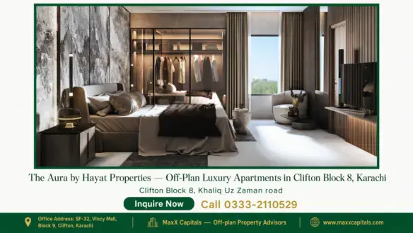 Modern living room with marble feature wall and designer lighting at The Aura Karachi.