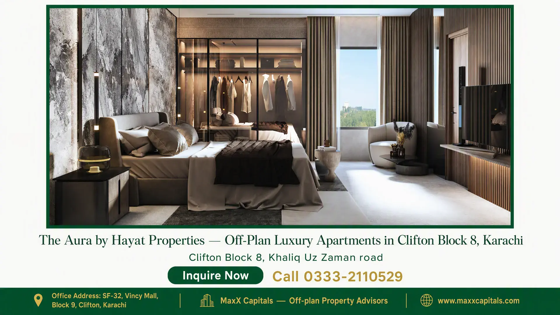 The Aura by Hayat Properties — Off-Plan Luxury Apartments in Clifton Block 8, Karachi — Gallery 2 Modern living room with marble feature wall and designer lighting at The Aura Karachi.
