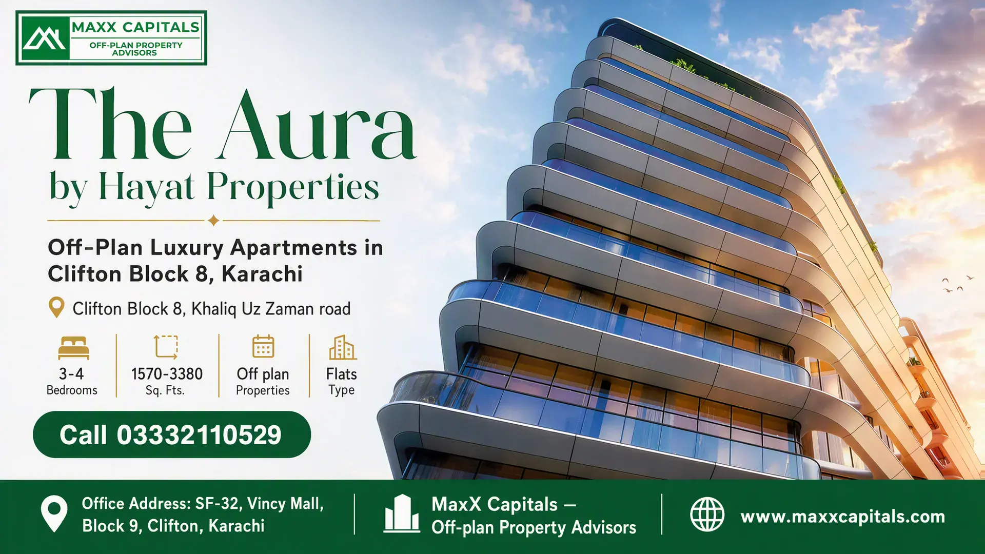The Aura by Hayat Properties — Off-Plan Luxury Apartments in Clifton Block 8, Karachi — Feature Modern curved facade and glass balconies of The Aura Karachi luxury off-plan residential tower in Clifton.