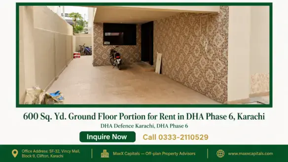 Spacious covered car porch of a 600 sq yd portion for rent in DHA Phase 6 with tiled driveway and accent walls