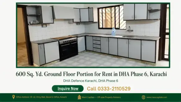 Fitted kitchen cabinetry and countertops in a 600 sq yd ground floor portion for rent in DHA Phase 6.