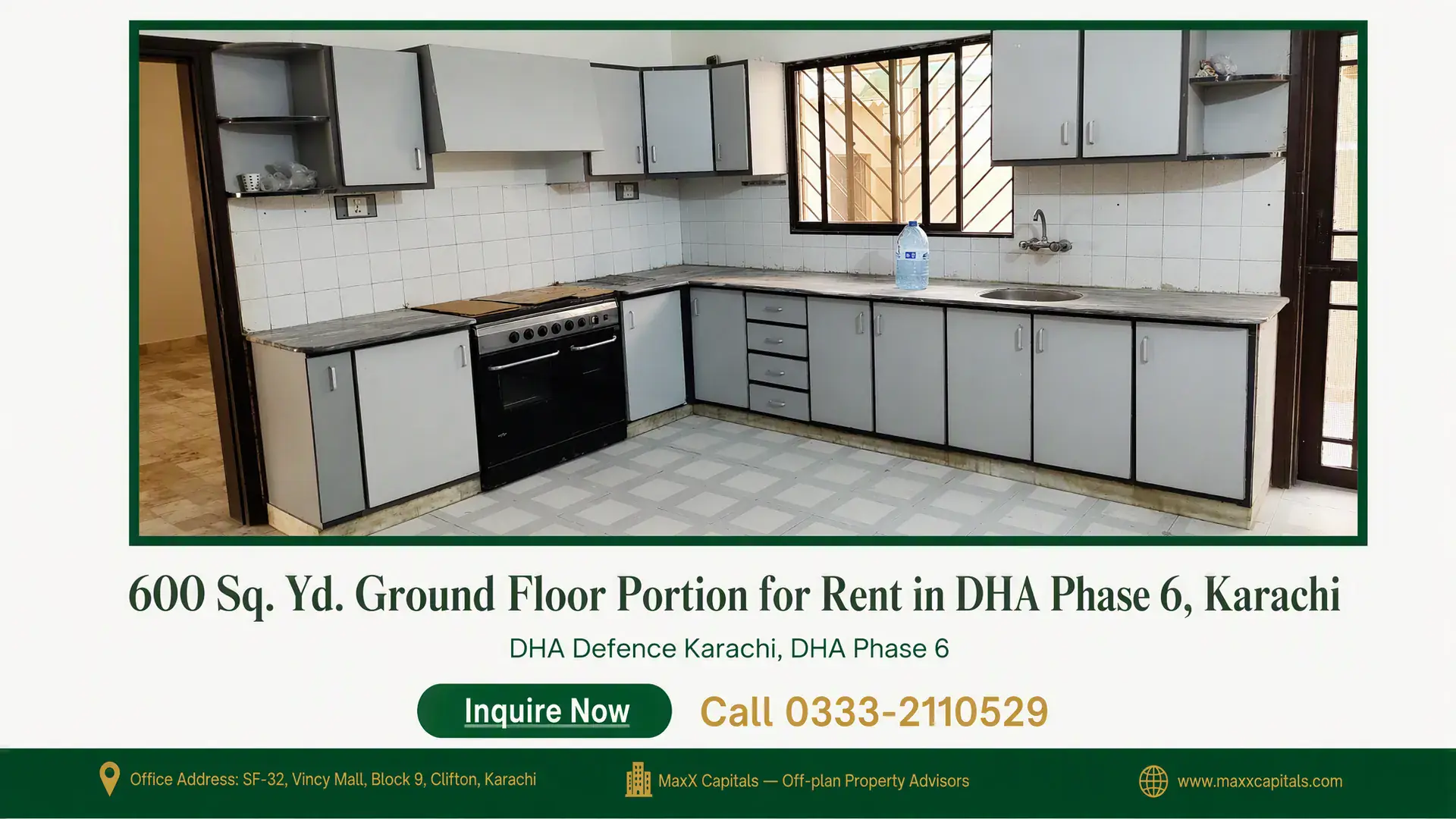 600 Sq. Yd. Ground Floor Portion for Rent in DHA Phase 6, Karachi — Gallery 2 Fitted kitchen cabinetry and countertops in a 600 sq yd ground floor portion for rent in DHA Phase 6.
