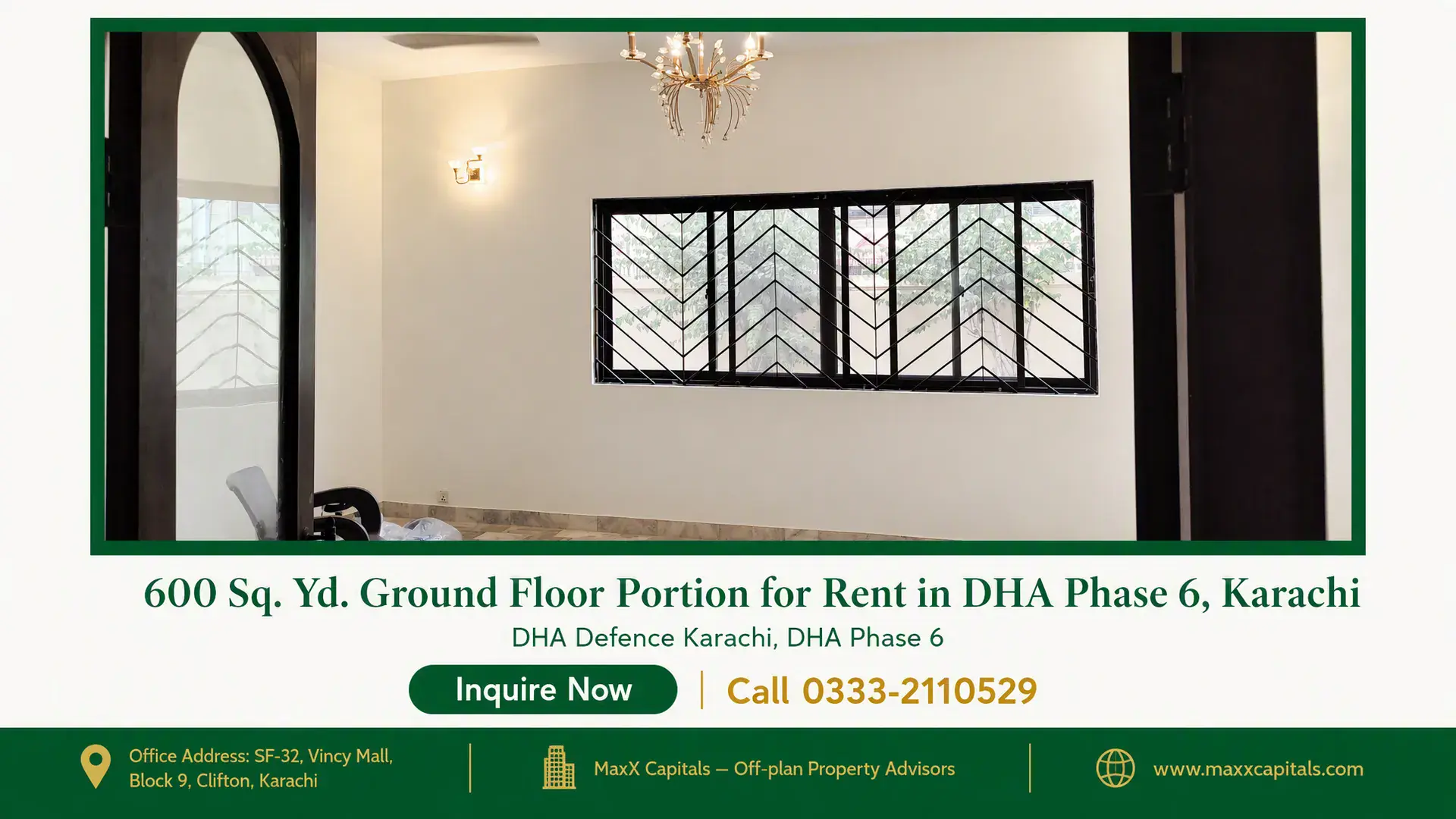 600 Sq. Yd. Ground Floor Portion for Rent in DHA Phase 6, Karachi — Gallery 3 Spacious living room interior in a luxury portion for rent in DHA Phase 6 featuring chandelier and secure windows.