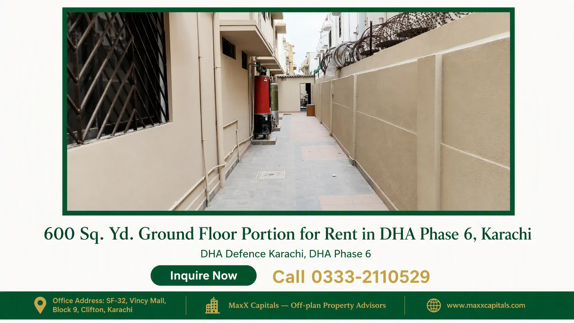 600 Sq. Yd. Ground Floor Portion for Rent in DHA Phase 6, Karachi — Gallery 4 Paved side passage and secure perimeter wall of a ground floor portion for rent in DHA Phase 6.