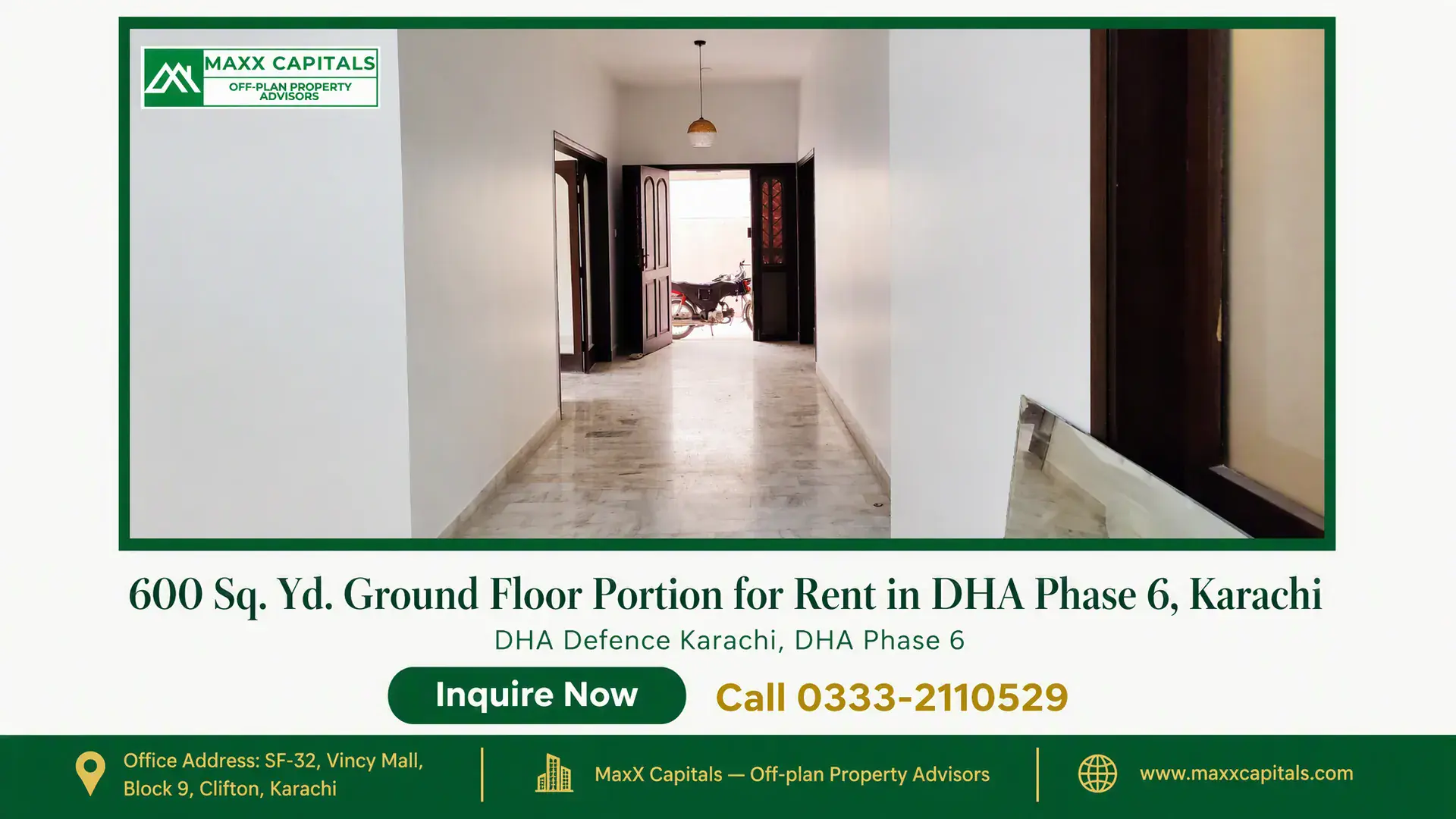 600 Sq. Yd. Ground Floor Portion for Rent in DHA Phase 6, Karachi — Gallery 5 Spacious marble hallway of a 600 sq yd portion for rent in DHA Phase 6 with open entryway.