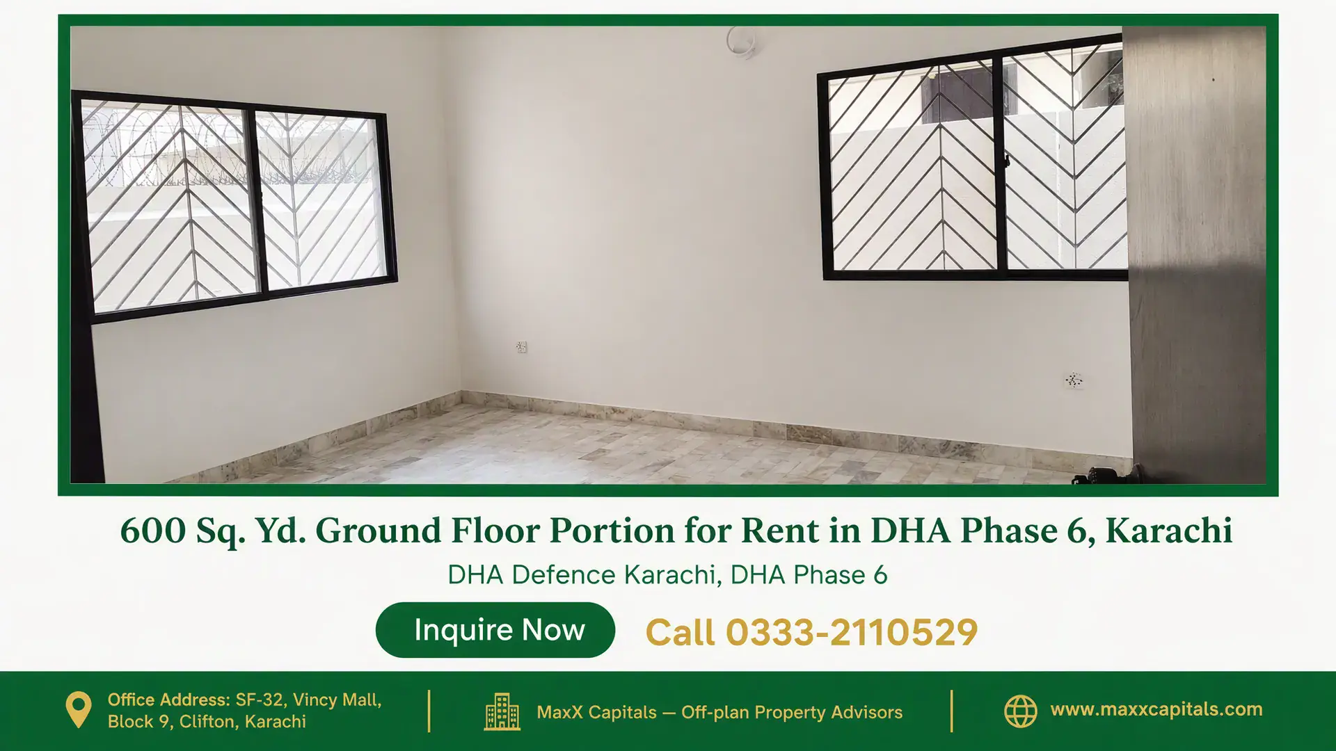 600 Sq. Yd. Ground Floor Portion for Rent in DHA Phase 6, Karachi — Gallery 6 Spacious room with marble flooring and secure grilled windows in a portion for rent in DHA Phase 6.