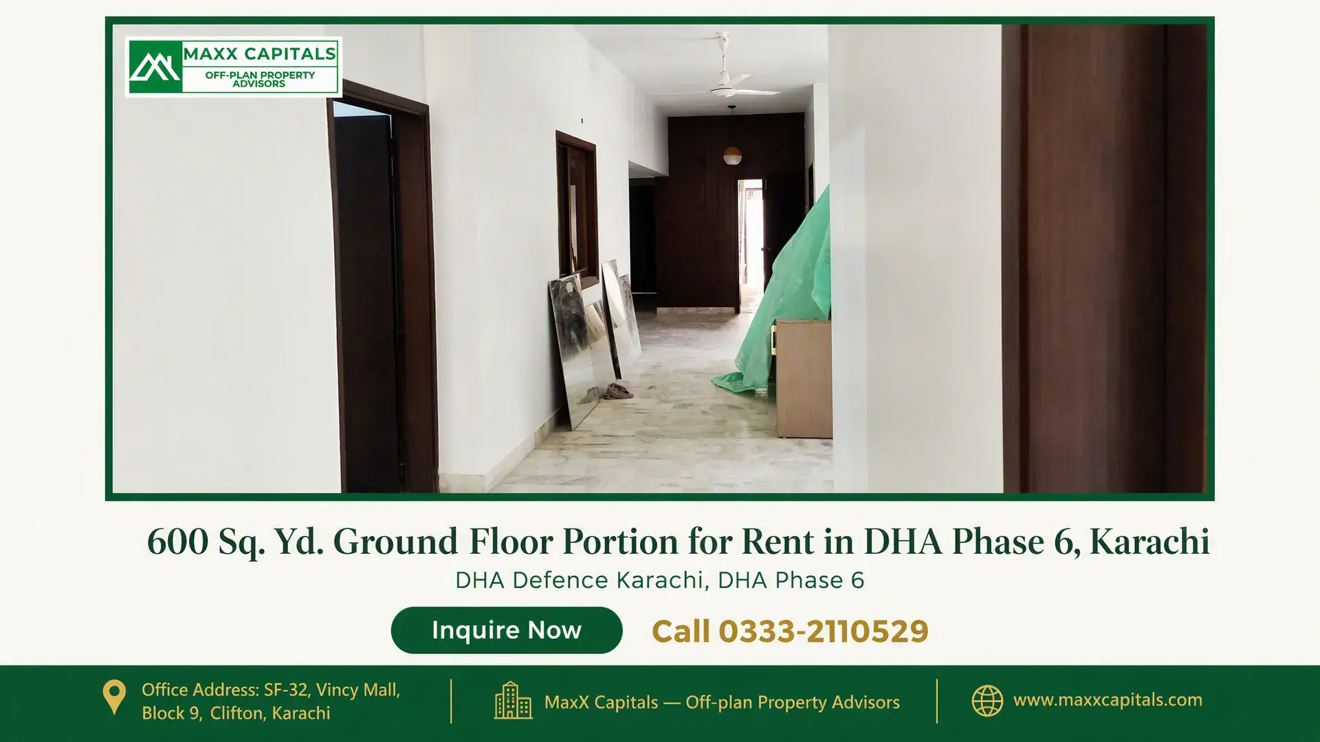 600 Sq. Yd. Ground Floor Portion for Rent in DHA Phase 6, Karachi — Gallery 7 Spacious hallway with marble flooring in a luxury ground floor portion for rent in DHA Phase 6.