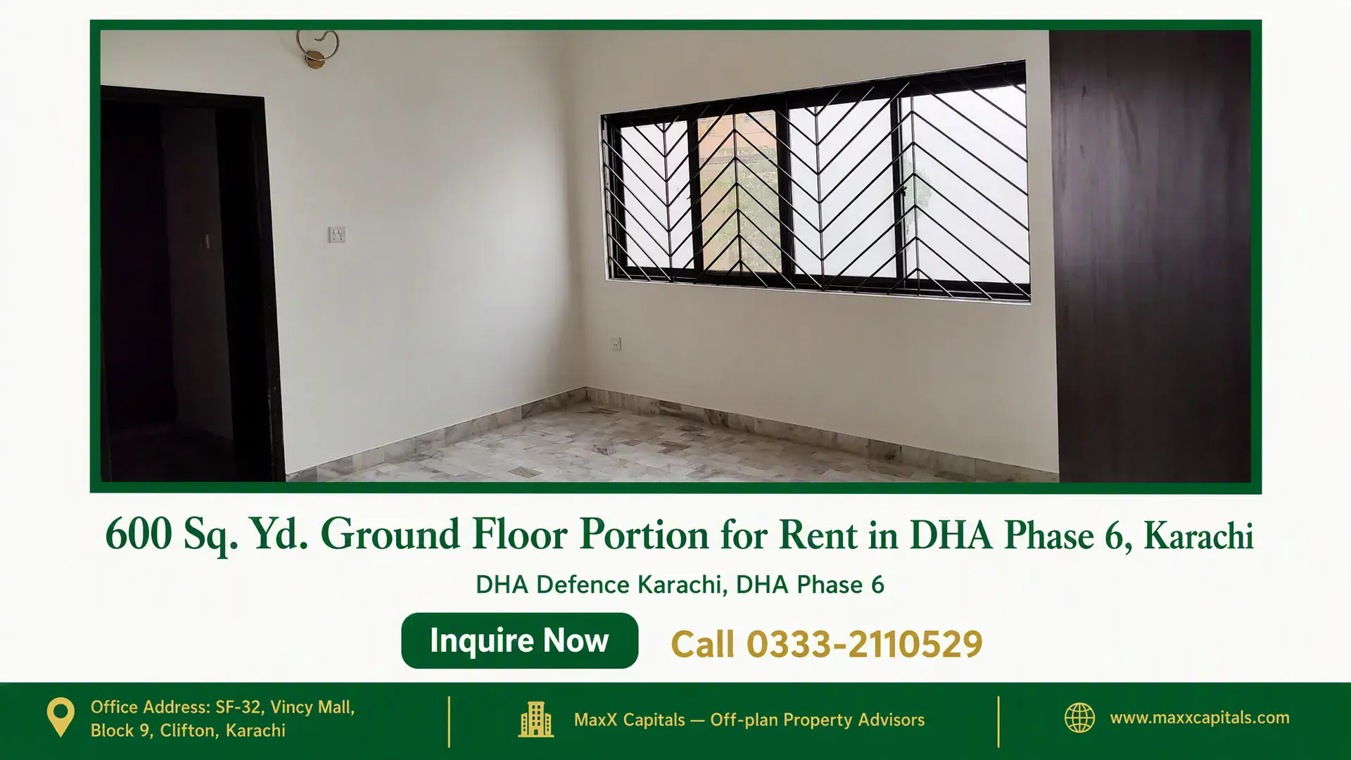 600 Sq. Yd. Ground Floor Portion for Rent in DHA Phase 6, Karachi — Gallery 8 Bright bedroom with marble floors in a ground floor portion for rent in DHA Phase 6.