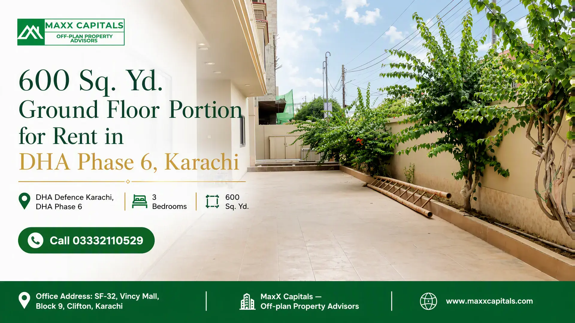 600 Sq. Yd. Ground Floor Portion for Rent in DHA Phase 6, Karachi — Feature Spacious paved driveway and garden area of a 600 sq yd ground floor portion for rent in DHA Phase 6.