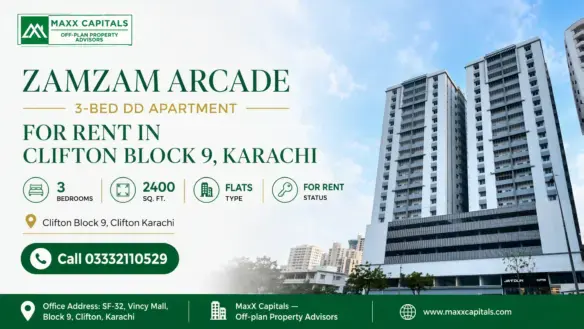 Exterior View Of Zamzam Arcade High-Rise Tower, A 3-Bed Apartment For Rent In Clifton Block 9, Karachi.