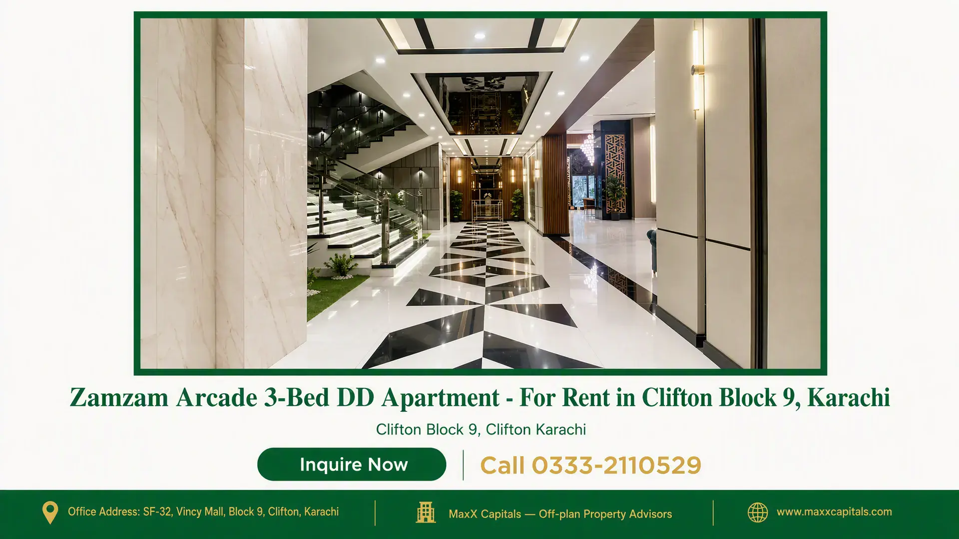 Zamzam Arcade 3-Bed DD Apartment – For Rent in Clifton Block 9, Karachi — Gallery 1 Grand entrance lobby of a luxury apartment for rent in Clifton Block 9 featuring geometric marble floors and lit stairs.