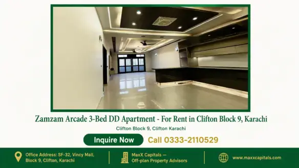 Spacious living hall inside a modern apartment for rent in Clifton Block 9 featuring open kitchen and false ceiling.