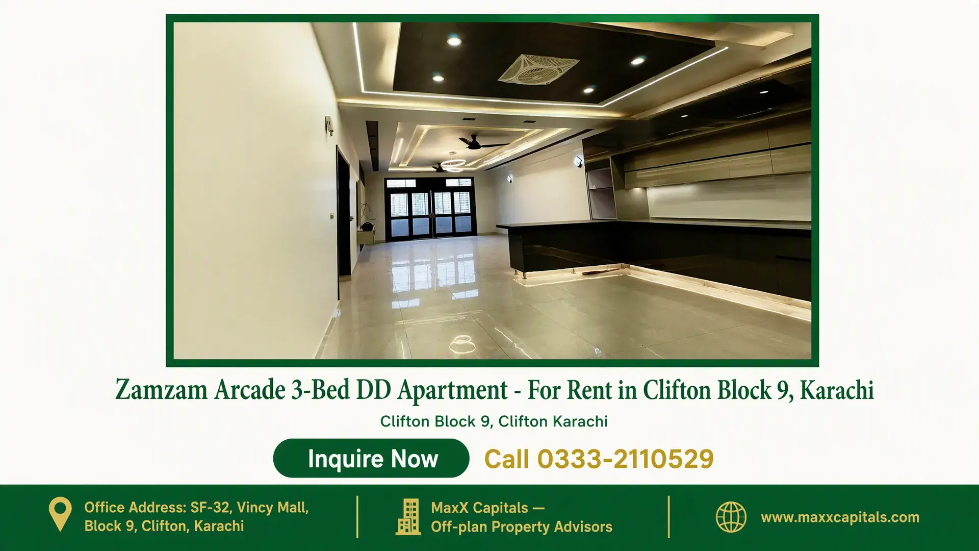 Zamzam Arcade 3-Bed DD Apartment – For Rent in Clifton Block 9, Karachi — Gallery 2 Spacious living hall inside a modern apartment for rent in Clifton Block 9 featuring open kitchen and false ceiling.