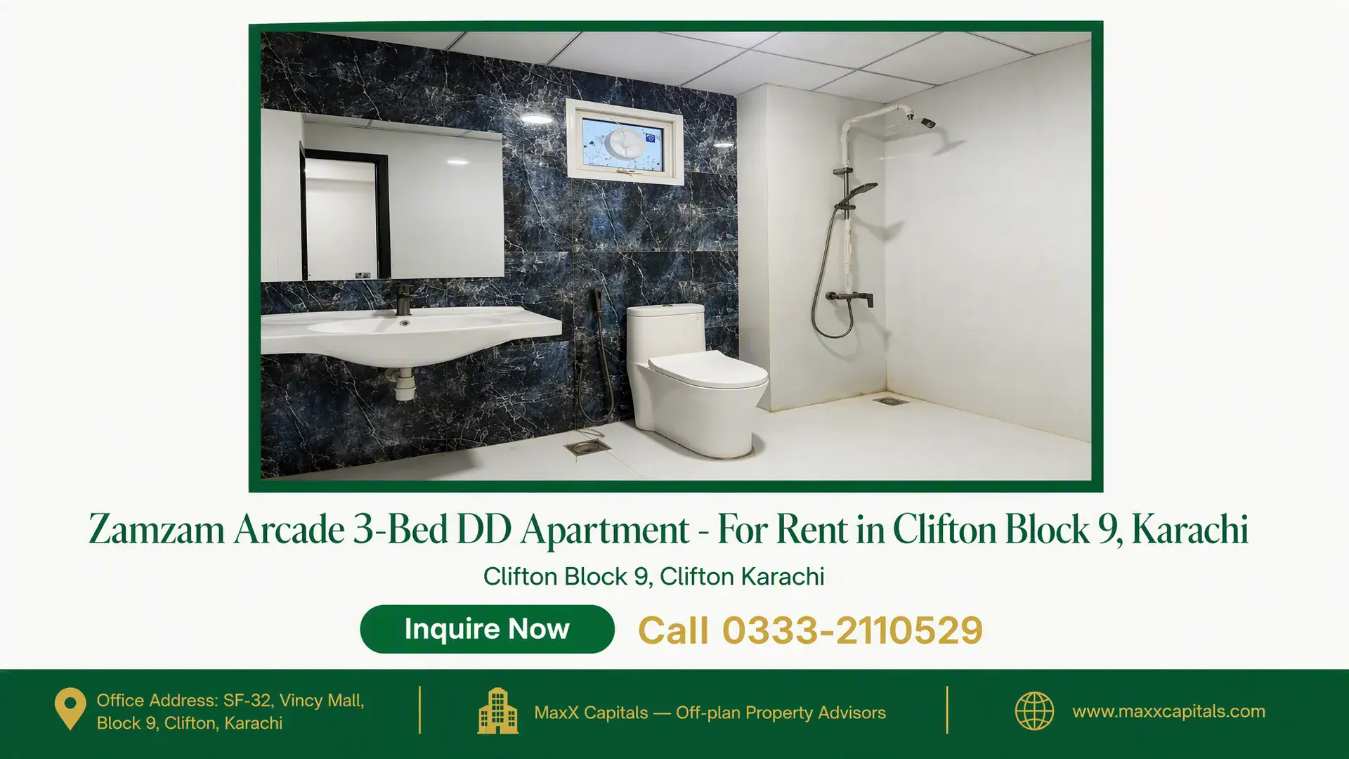 Zamzam Arcade 3-Bed DD Apartment – For Rent in Clifton Block 9, Karachi — Gallery 3 Modern ensuite bathroom in a 3-bed DD apartment for rent in Clifton Block 9 featuring marble tile accents and vanity.
