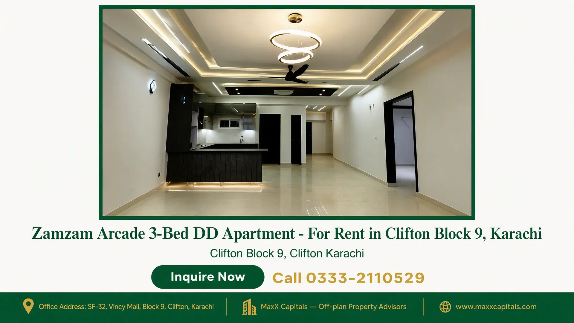 Zamzam Arcade 3-Bed DD Apartment – For Rent in Clifton Block 9, Karachi — Gallery 4 Open-plan living hall and kitchen in a modern 3-bed apartment for rent in Clifton Block 9, Karachi.