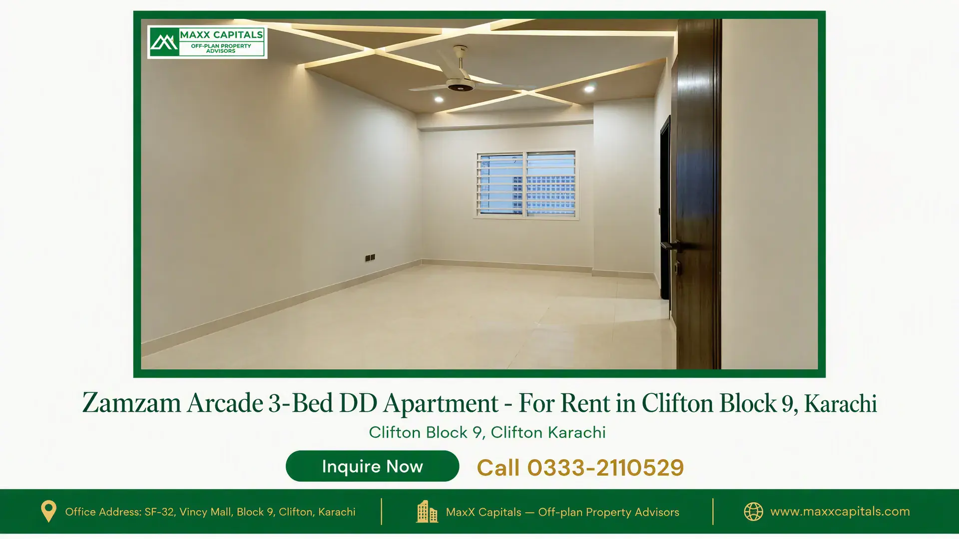 Zamzam Arcade 3-Bed DD Apartment – For Rent in Clifton Block 9, Karachi — Gallery 5 Spacious living hall inside this modern apartment for rent in Clifton Block 9 featuring designer false ceiling lighting.