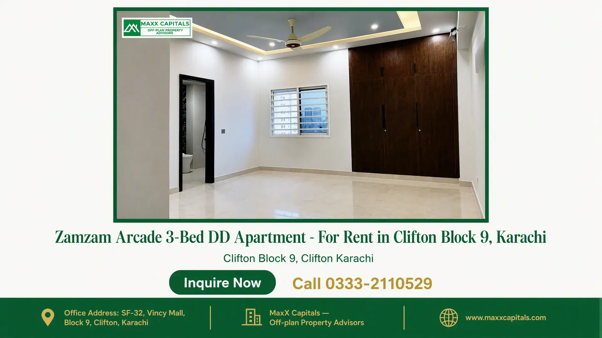 Zamzam Arcade 3-Bed DD Apartment – For Rent in Clifton Block 9, Karachi — Gallery 6 Spacious bedroom with built-in wardrobe in a modern apartment for rent in Clifton Block 9.