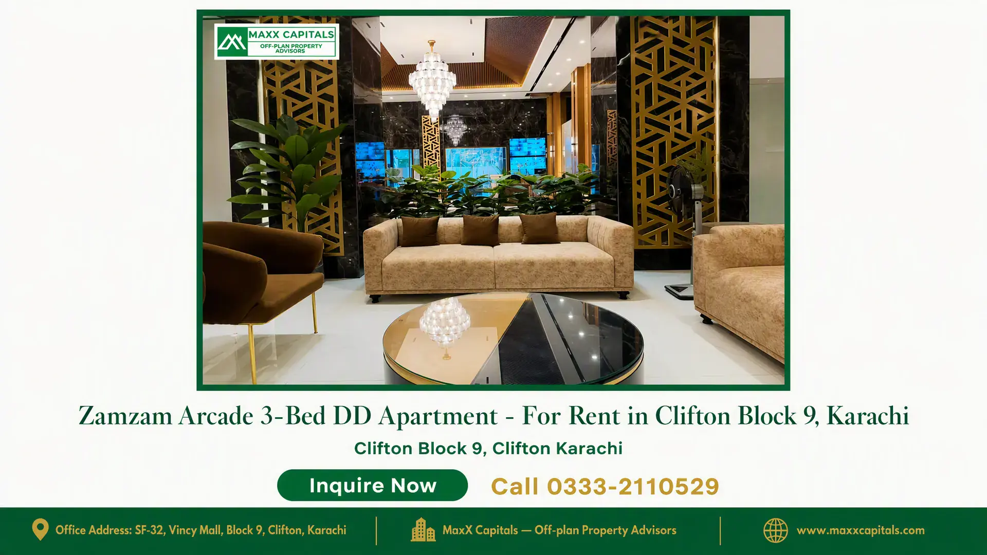 Zamzam Arcade 3-Bed DD Apartment – For Rent in Clifton Block 9, Karachi — Gallery 7 Luxurious reception lounge of this 3-bed DD apartment for rent in Clifton Block 9 with gold accents and chandelier.