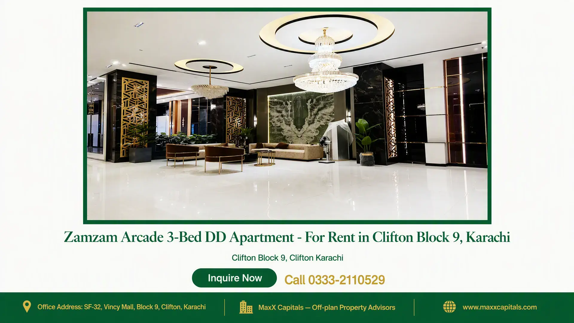 Zamzam Arcade 3-Bed DD Apartment – For Rent in Clifton Block 9, Karachi — Gallery 8 Grand lobby with chandeliers at Zamzam Arcade, an upscale apartment for rent in Clifton Block 9.
