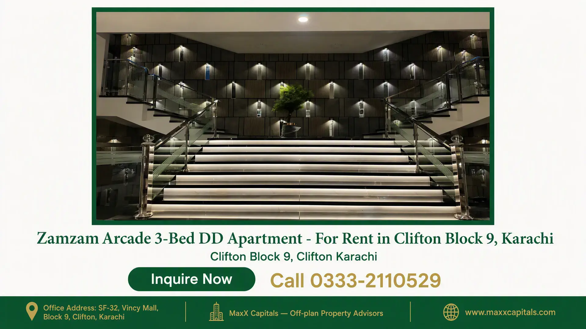 Zamzam Arcade 3-Bed DD Apartment – For Rent in Clifton Block 9, Karachi — Gallery 9 Grand illuminated staircase inside an upscale apartment for rent in Clifton Block 9, Karachi.