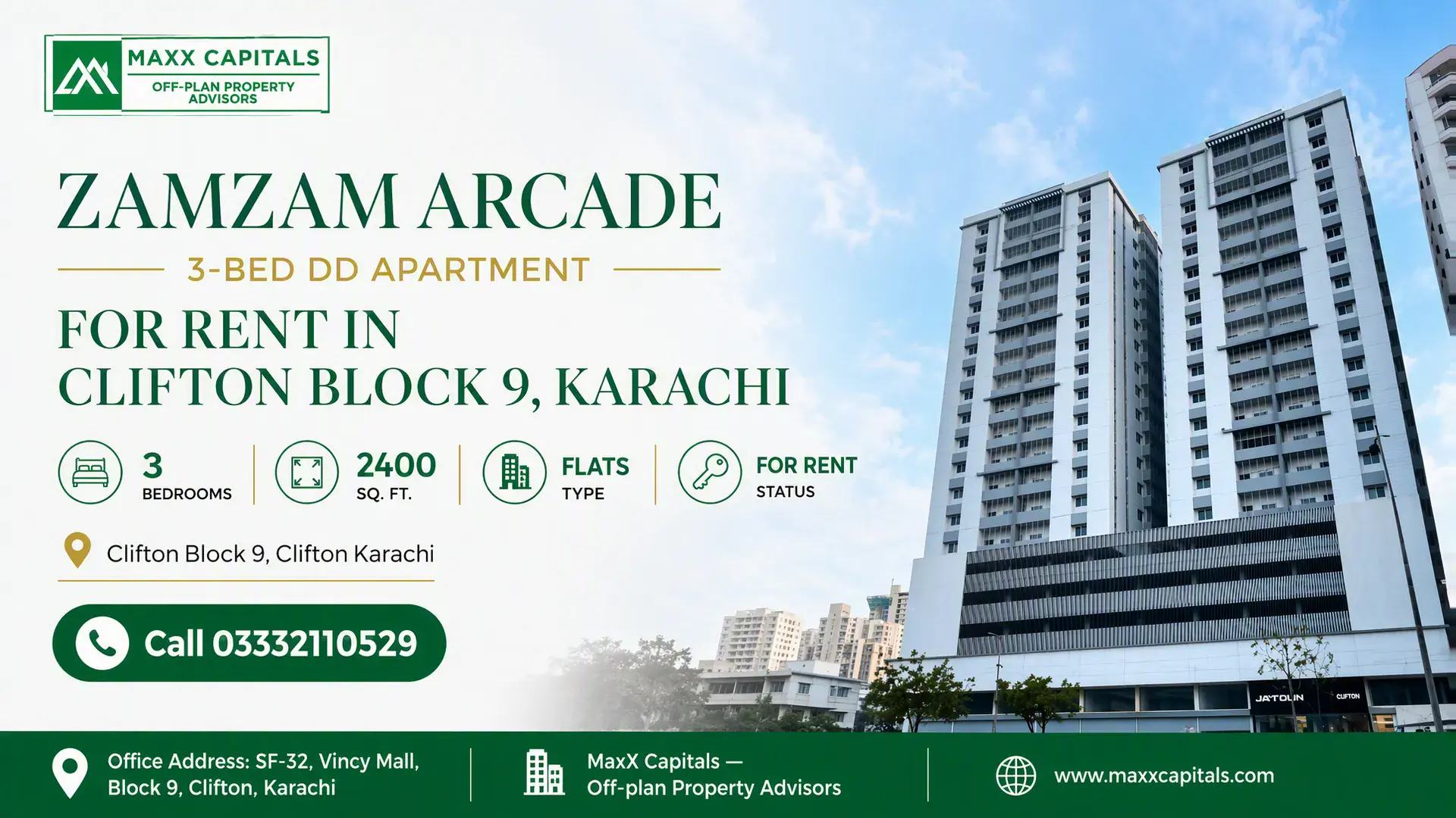 Zamzam Arcade 3-Bed DD Apartment – For Rent in Clifton Block 9, Karachi — Feature Exterior view of Zamzam Arcade high-rise tower, a 3-bed apartment for rent in Clifton Block 9, Karachi.