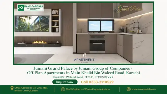 Modern kitchen and living room design inside a luxury flat for sale in Khalid Bin Waleed Road at Jumani Grand Palace.