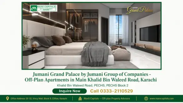 Luxury master bedroom interior inside a modern flat for sale in Khalid Bin Waleed Road at Jumani Grand Palace.