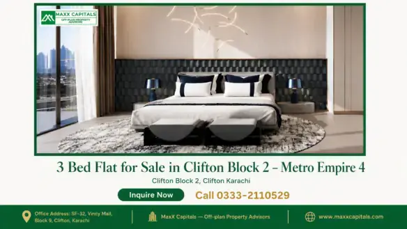 Luxury master bedroom with panoramic city views in a 3 bed flat for sale in Clifton Block 2.