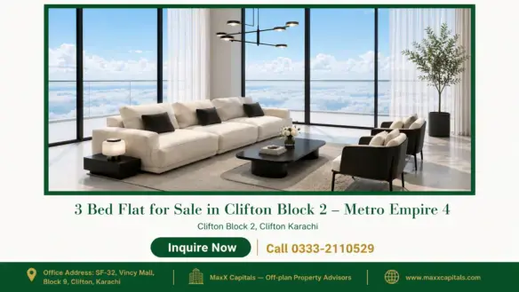 Sunlit luxury living room with floor-to-ceiling windows in a 3 bed flat for sale in Clifton Block 2.