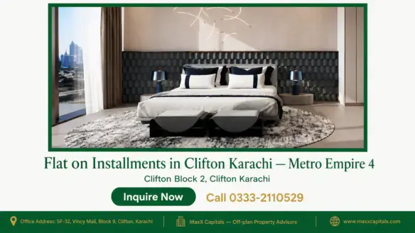 Luxury bedroom suite inside a modern flat on installments in Clifton Karachi with skyline views