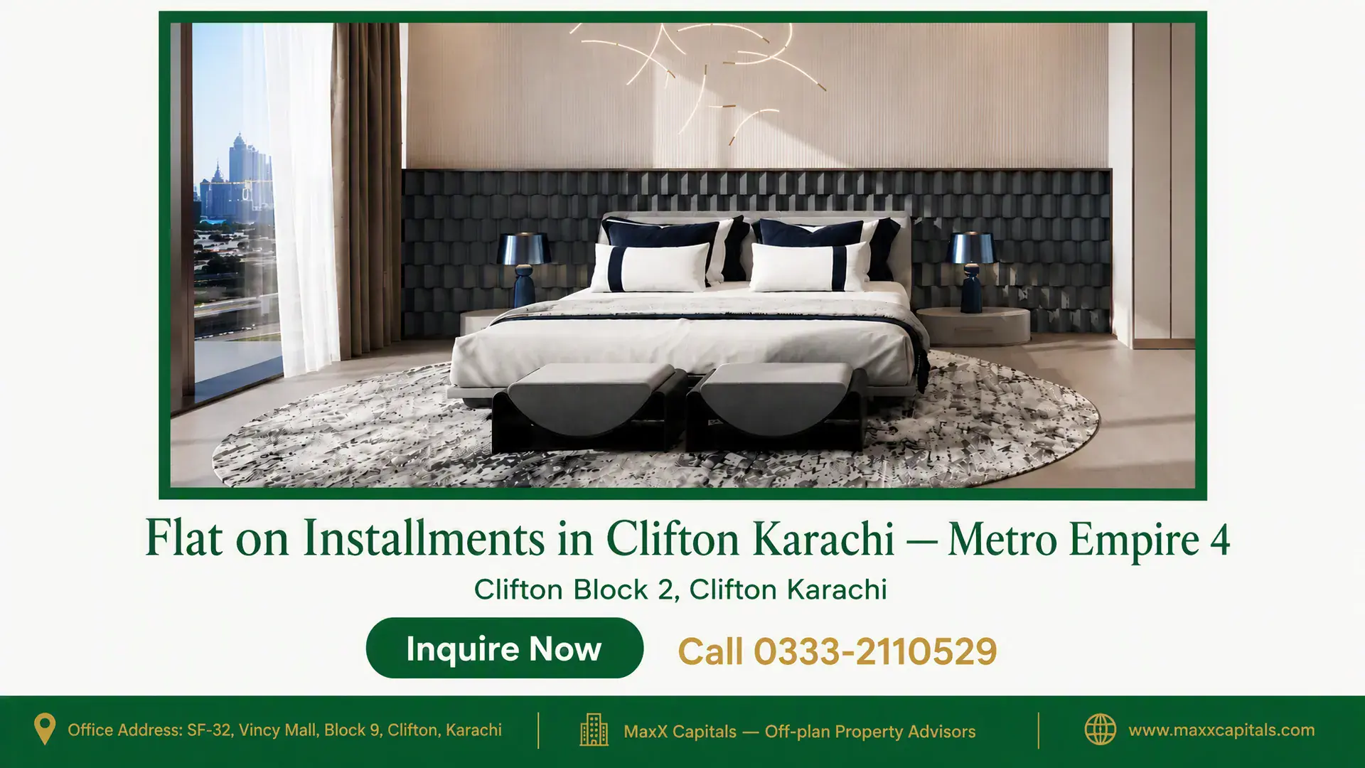Flat on Installments in Clifton Karachi — Metro Empire 4 — Gallery 0 Luxury bedroom suite inside a modern flat on installments in Clifton Karachi with skyline views
