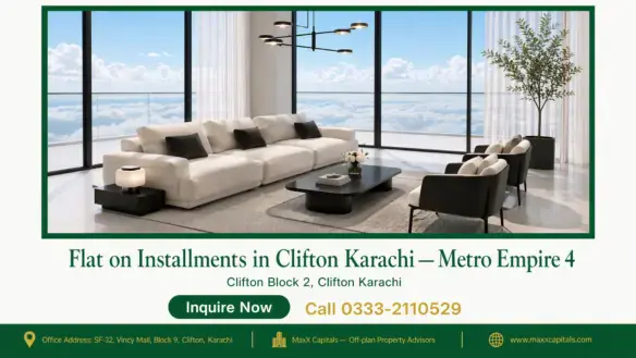 Modern high-rise living room in a flat on installments in Clifton Karachi featuring floor-to-ceiling panoramic windows.