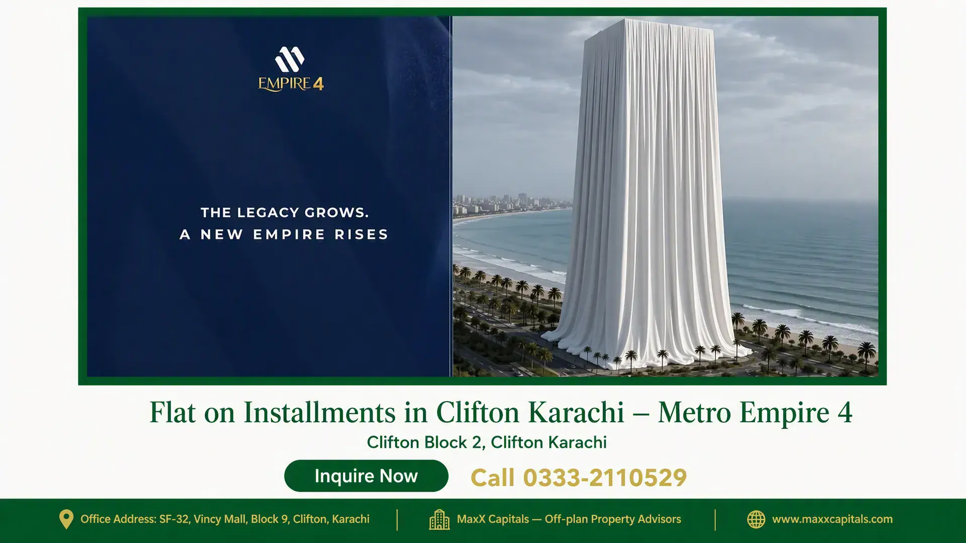 Flat on Installments in Clifton Karachi — Metro Empire 4 — Gallery 2 Tower unveiling seaside luxury flat on installments in Clifton Karachi along the palm-lined coastal boulevard.