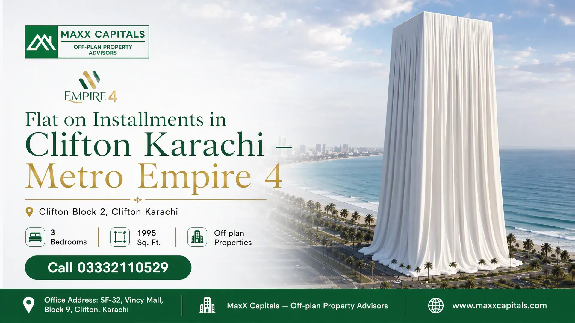Flat on Installments in Clifton Karachi — Metro Empire 4 — Feature Waterfront luxury tower offering a flat on installments in Clifton Karachi at Metro Empire 4 along the coastline.