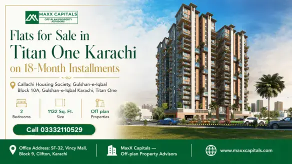 Modern Residential Tower Featuring Flats For Sale In Titan One Karachi With Multi-Story Balconies And Landscaped Grounds.