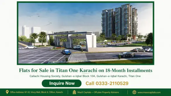 Modern residential high-rise architecture featuring luxury flats for sale in Titan One Karachi with secure entrance.