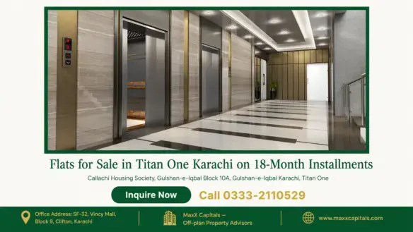 Modern elevator lobby with marble walls and sleek finishes for flats for sale in Titan One Karachi.