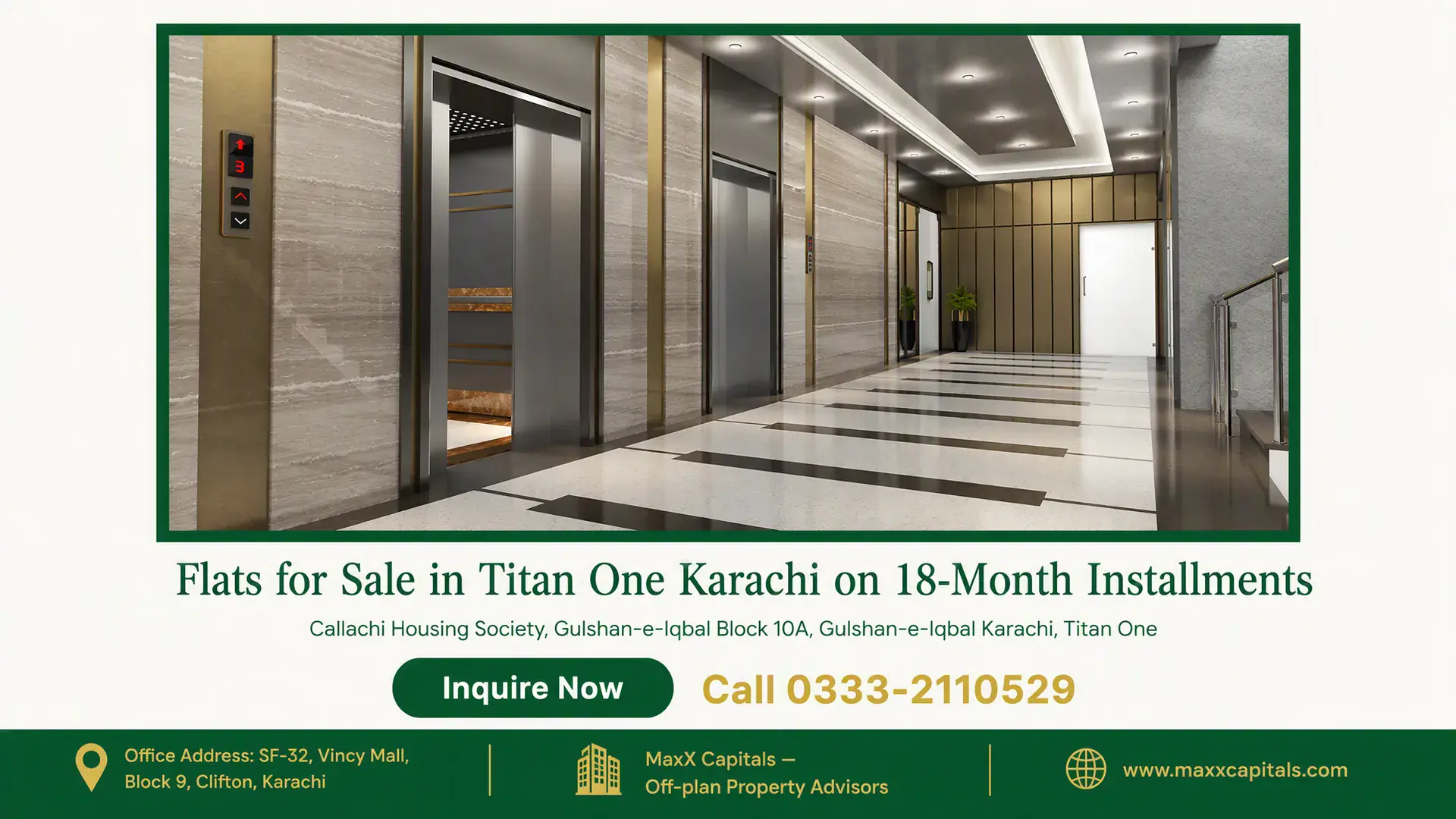 Flats for Sale in Titan One Karachi on 18-Month Installments — Gallery 2 Modern elevator lobby with marble walls and sleek finishes for flats for sale in Titan One Karachi.