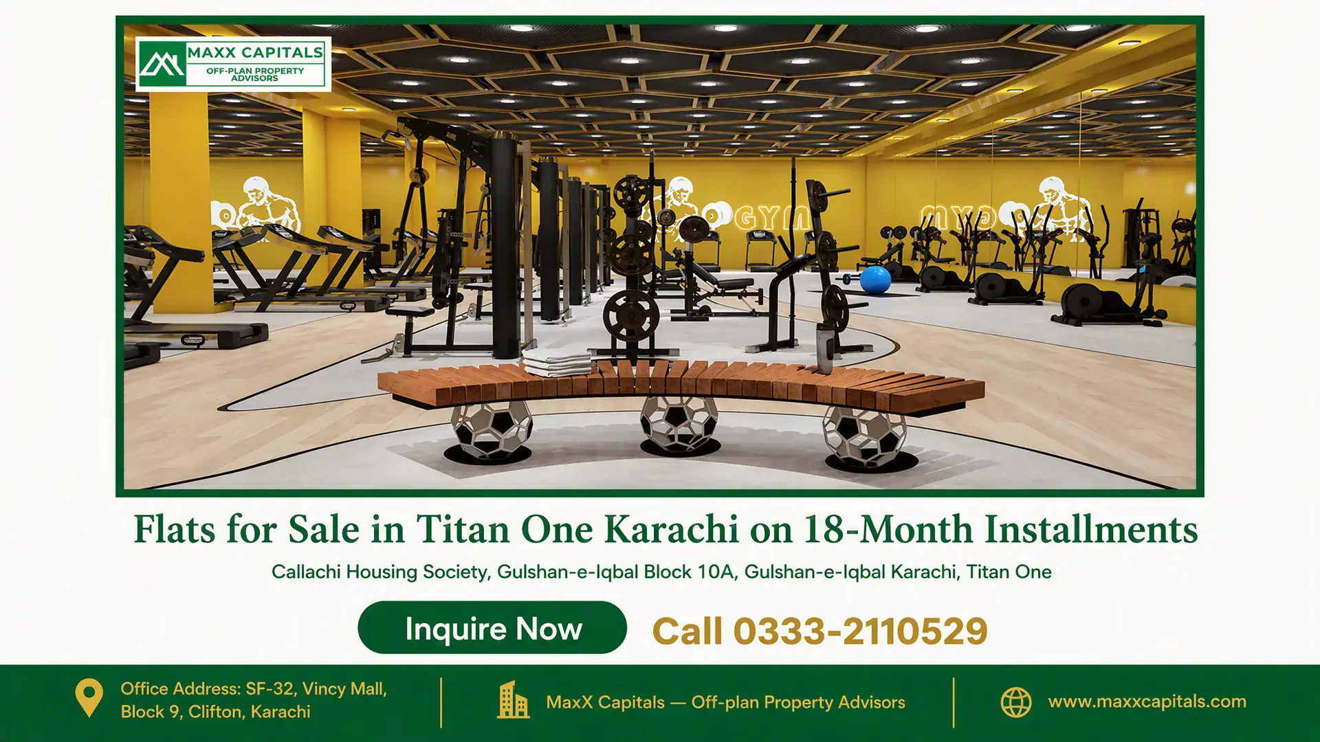 Flats for Sale in Titan One Karachi on 18-Month Installments — Gallery 3 State-of-the-art resident gym inside luxury flats for sale in Titan One Karachi with modern fitness equipment.