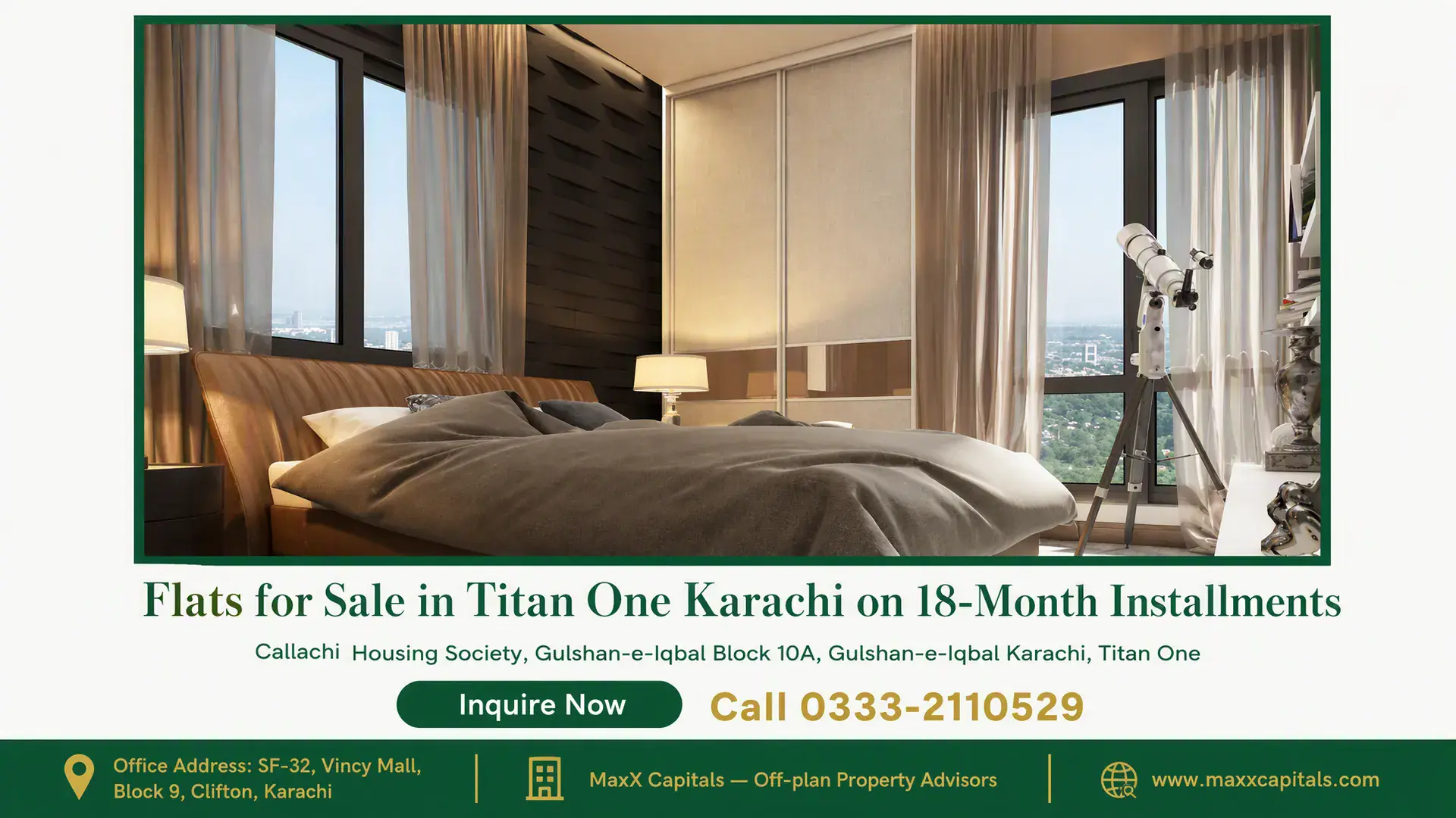 Flats for Sale in Titan One Karachi on 18-Month Installments — Gallery 4 Modern master bedroom interior with city skyline views inside flats for sale in Titan One Karachi.