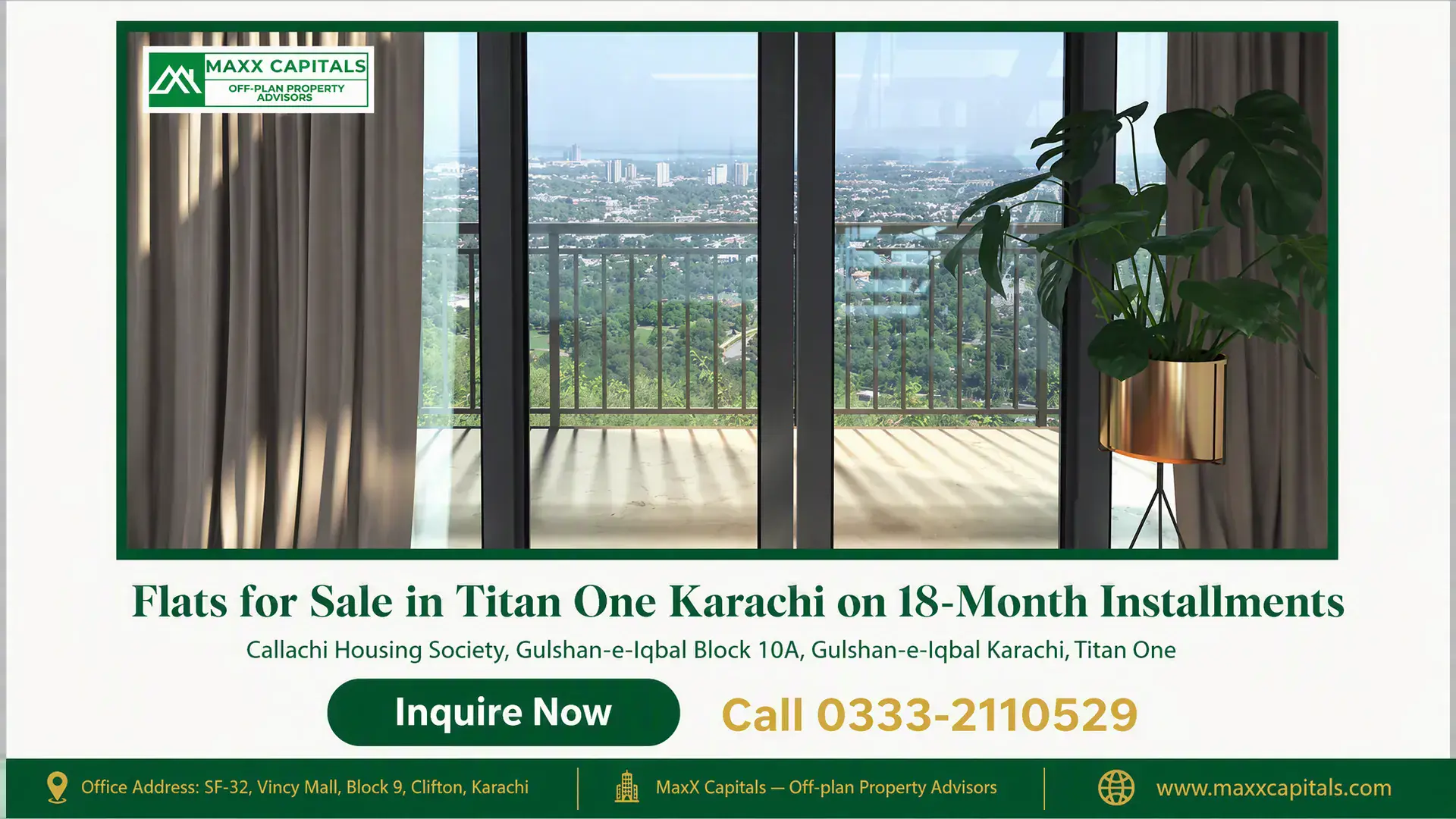 Flats for Sale in Titan One Karachi on 18-Month Installments — Gallery 5 Balcony glass doors offering scenic city views in flats for sale in Titan One Karachi with modern interior styling.