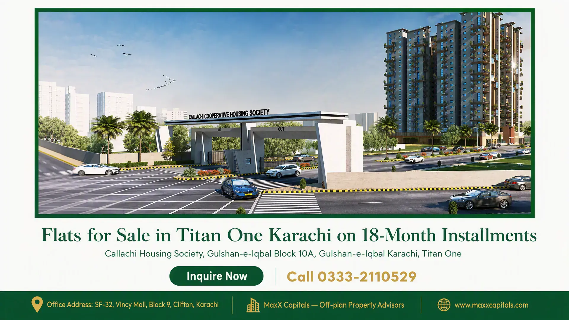 Flats for Sale in Titan One Karachi on 18-Month Installments — Gallery 6 Gated entrance and modern residential towers offering flats for sale in Titan One Karachi.