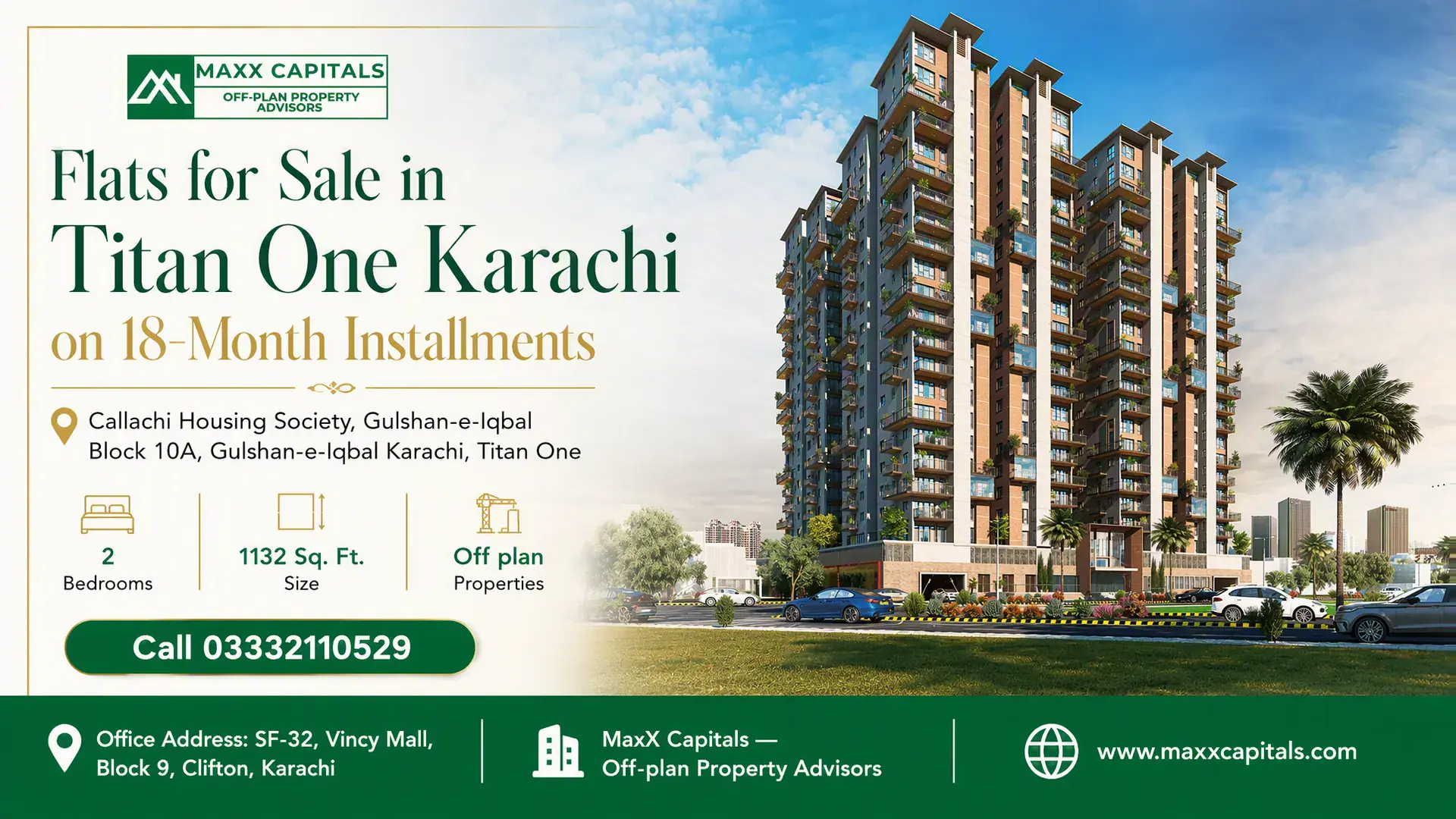 Flats for Sale in Titan One Karachi on 18-Month Installments — Feature Modern residential tower featuring flats for sale in Titan One Karachi with multi-story balconies and landscaped grounds.