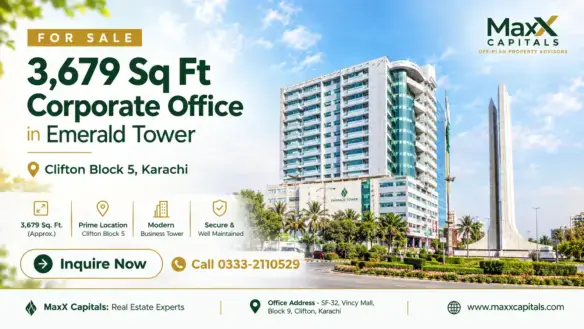 Modern Glass And Steel Facade Of Emerald Tower High-Rise In Clifton Block 5, Karachi, With Curved Architectural Lines And Mul